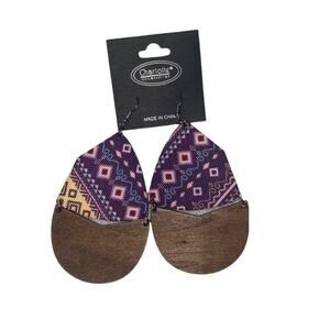 New NWT Wooden Fabric Covered Boho Aztec Dangle Earrings Purple Multicolored